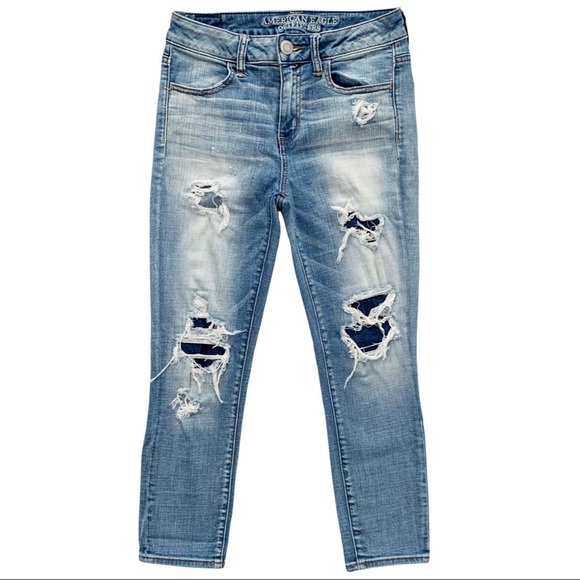 AE Hi-Rise Destroyed Patch Crop Jegging Light Wash - Picture 2 of 13